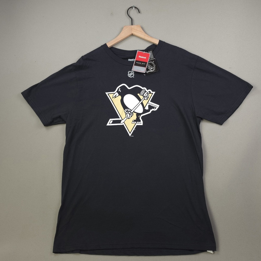 Reebok Pittsburgh Penguins NHL Hockey Mens Large Black Gold Logo T-Shirt Tee NWT